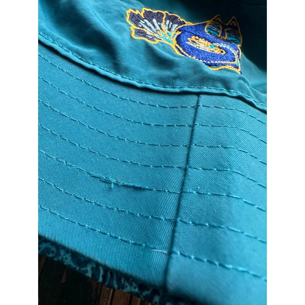 Reversible Teal Bucket Hat Embroidered Cat Paisley Print Sun Hat A3663